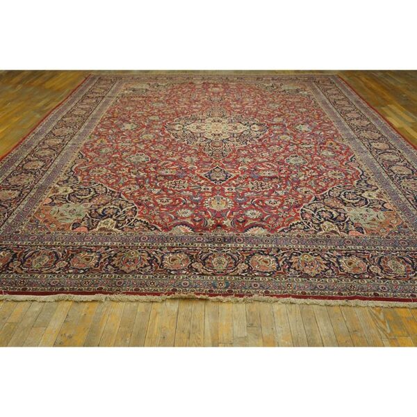 1940s red rust floral medallion antique kashan mohtasham knotted wool carpet rug - detail view 1