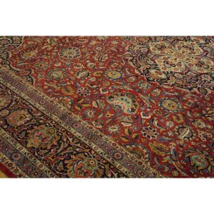 1940s Red Rust Floral Medallion Antique Kashan Mohtasham Knotted Wool Carpet Rug - detail view 3