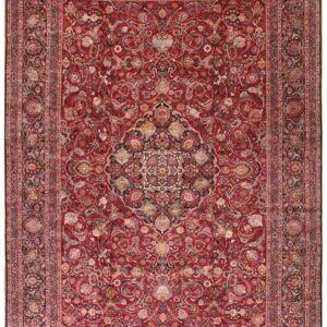 1940s Red Rust Large Scale Floral Antique Kashan Handknotted Wool Carpet Rug