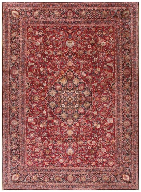 1940s red rust large scale floral antique kashan handknotted wool carpet rug