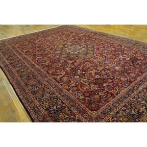 1940s Red Rust Large Scale Floral Antique Kashan Handknotted Wool Carpet Rug - detail view 1
