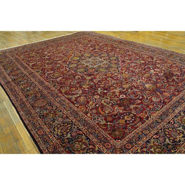 1940s red rust large scale floral antique kashan handknotted wool carpet rug - detail view 1