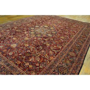 1940s Red Rust Large Scale Floral Antique Kashan Handknotted Wool Carpet Rug - detail view 2