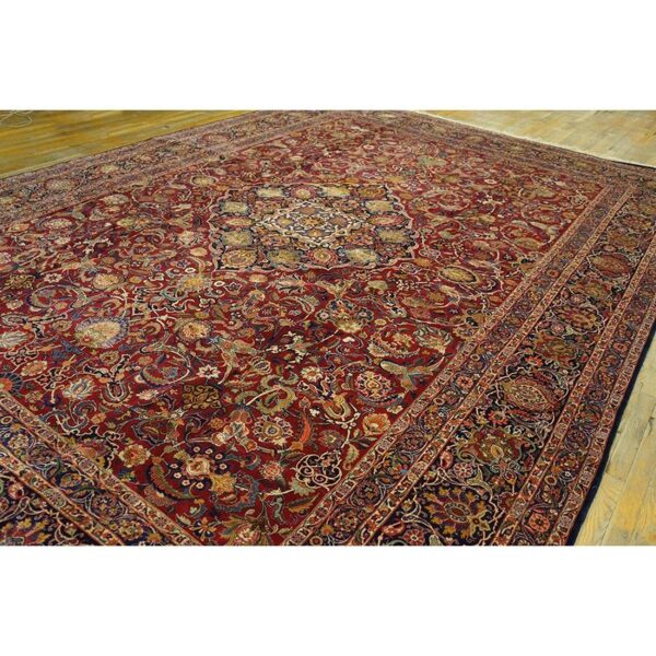1940s red rust large scale floral antique kashan handknotted wool carpet rug - detail view 2