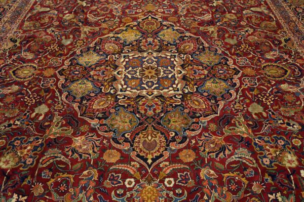 1940s red rust large scale floral antique kashan handknotted wool carpet rug - detail view 4