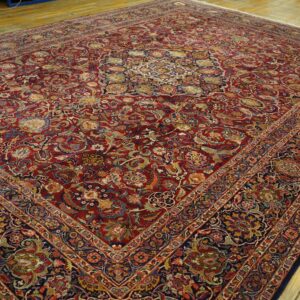 1940s Red Rust Large Scale Floral Antique Kashan Handknotted Wool Carpet Rug - detail view 6