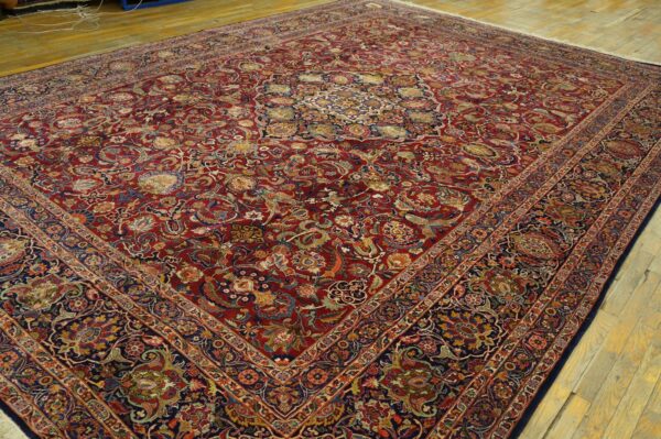 1940s red rust large scale floral antique kashan handknotted wool carpet rug - detail view 6