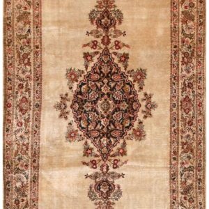 1940s ScattIer Ivory Medallion Diamond Antique Qum Silk Handknotted Wool Rug
