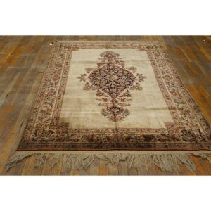 1940s ScattIer Ivory Medallion Diamond Antique Qum Silk Handknotted Wool Rug - detail view 5
