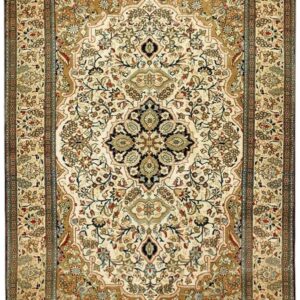 1940s Small Ivory Islimi Medallion Antique Isfahan Silk Handknotted Wool Rug