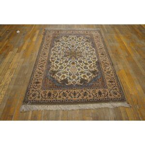1940s Small Ivory Islimi Medallion Antique Isfahan Silk Handknotted Wool Rug - detail view 1