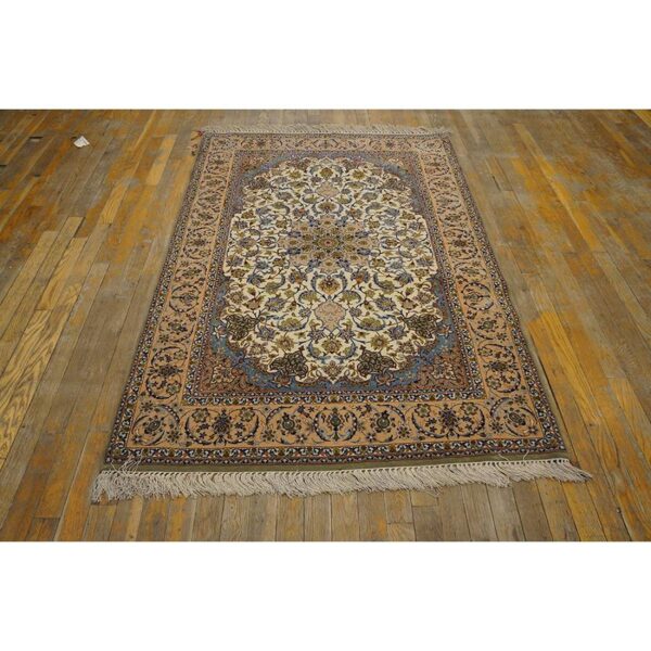 1940s small ivory islimi medallion antique isfahan silk handknotted wool rug 2 1940s small ivory islimi medallion antique isfahan silk handknotted wool rug - detail view 1