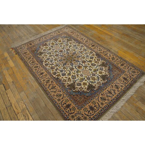 1940s small ivory islimi medallion antique isfahan silk handknotted wool rug 3 1940s small ivory islimi medallion antique isfahan silk handknotted wool rug - detail view 2