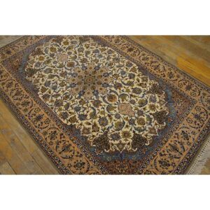 1940s Small Ivory Islimi Medallion Antique Isfahan Silk Handknotted Wool Rug - detail view 4