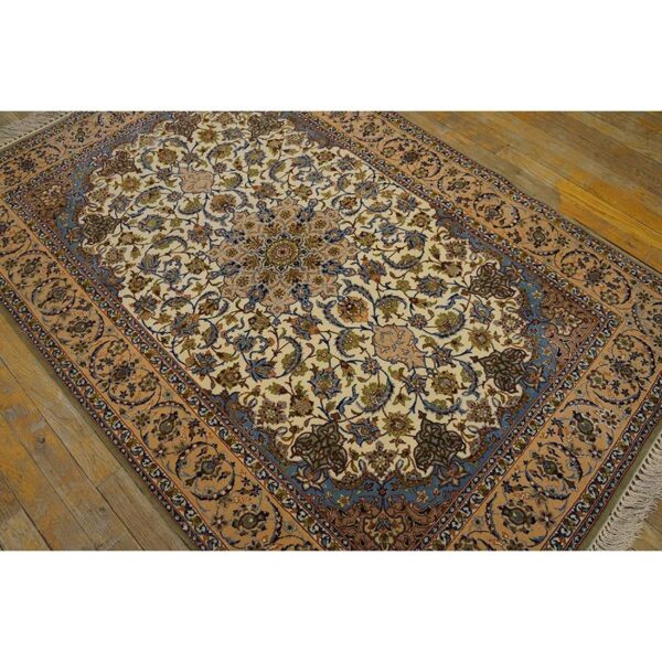 1940s small ivory islimi medallion antique isfahan silk handknotted wool rug 5 1940s small ivory islimi medallion antique isfahan silk handknotted wool rug - detail view 4
