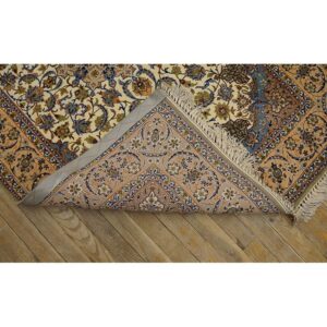1940s Small Ivory Islimi Medallion Antique Isfahan Silk Handknotted Wool Rug - detail view 6