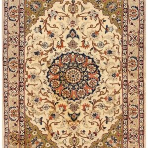 1940s Small Ivory Medallion Mid Century Modern Isfahan Silk Handknotted Wool Rug