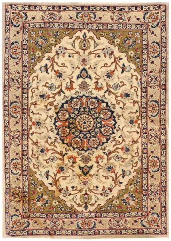 1940s small ivory medallion mid century modern isfahan silk handknotted wool rug 1 1940s small ivory medallion mid century modern isfahan silk handknotted wool rug
