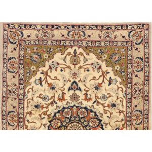 1940s Small Ivory Medallion Mid Century Modern Isfahan Silk Handknotted Wool Rug - detail view 2