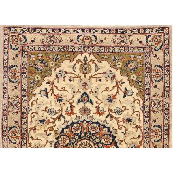 1940s small ivory medallion mid century modern isfahan silk handknotted wool rug 3 1940s small ivory medallion mid century modern isfahan silk handknotted wool rug - detail view 2