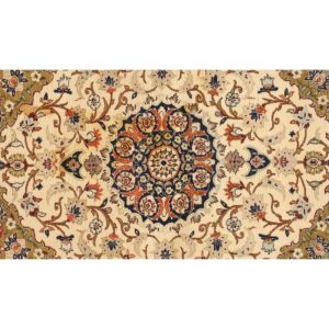 1940s Small Ivory Medallion Mid Century Modern Isfahan Silk Handknotted Wool Rug - detail view 3