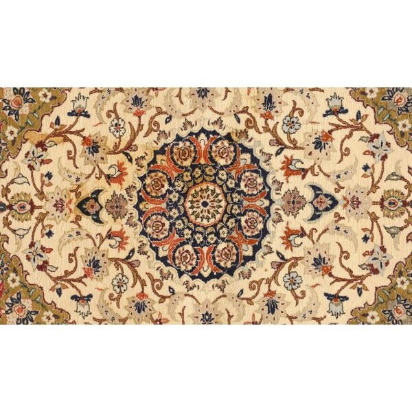 1940s small ivory medallion mid century modern isfahan silk handknotted wool rug 4 1940s small ivory medallion mid century modern isfahan silk handknotted wool rug - detail view 3