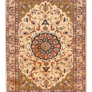 1940s Small Ivory Medallion Mid Century Modern Isfahan Silk Handknotted Wool Rug - detail view 4