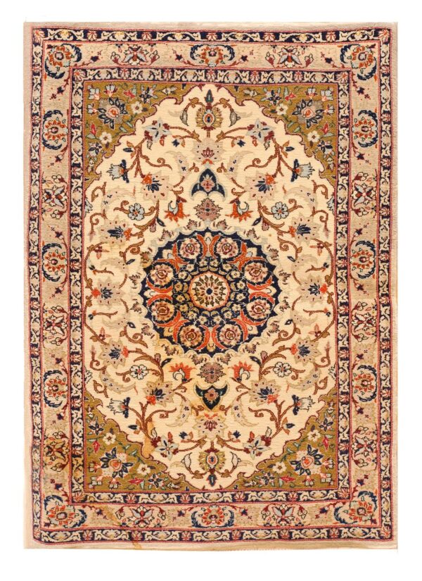1940s small ivory medallion mid century modern isfahan silk handknotted wool rug 5 1940s small ivory medallion mid century modern isfahan silk handknotted wool rug - detail view 4