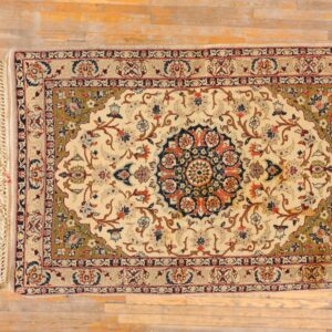 1940s Small Ivory Medallion Mid Century Modern Isfahan Silk Handknotted Wool Rug - detail view 7