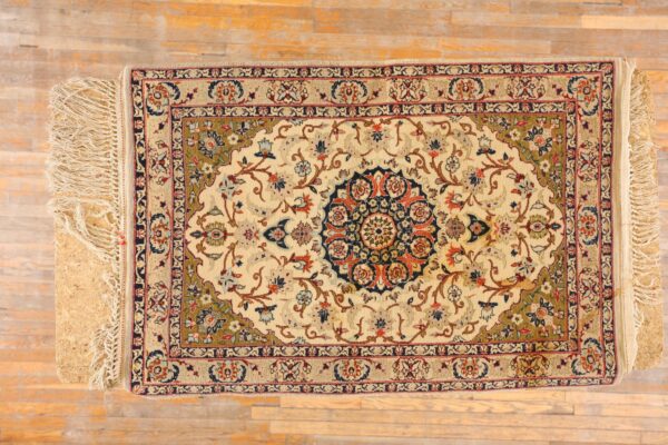 1940s small ivory medallion mid century modern isfahan silk handknotted wool rug 8 1940s small ivory medallion mid century modern isfahan silk handknotted wool rug - detail view 7