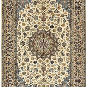 1950s Fine Traditional Beige Field Floral Vintage Isfahan Wool Silk Carpet Rug