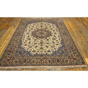 1950s Fine Traditional Beige Field Floral Vintage Isfahan Wool Silk Carpet Rug - detail view 1