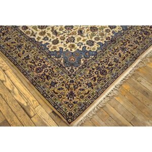 1950s Fine Traditional Beige Field Floral Vintage Isfahan Wool Silk Carpet Rug - detail view 2