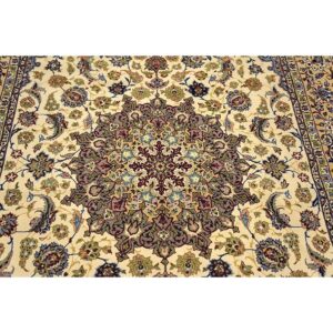 1950s Fine Traditional Beige Field Floral Vintage Isfahan Wool Silk Carpet Rug - detail view 3