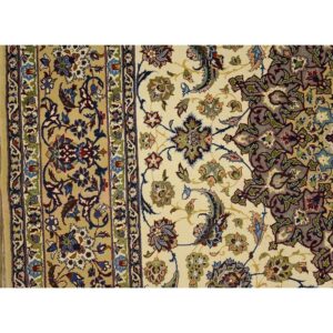 1950s Fine Traditional Beige Field Floral Vintage Isfahan Wool Silk Carpet Rug - detail view 5