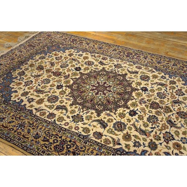 1950s fine traditional beige field floral vintage isfahan wool silk carpet rug 7 1950s fine traditional beige field floral vintage isfahan wool silk carpet rug - detail view 6