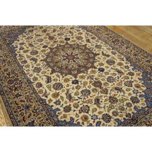 1950s Fine Traditional Beige Field Floral Vintage Isfahan Wool Silk Carpet Rug - detail view 7