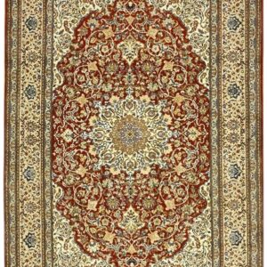 1950s Red Field Traditional Medallion Vintage Isfahan Wool Silk Small Carpet Rug