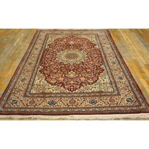 1950s Red Field Traditional Medallion Vintage Isfahan Wool Silk Small Carpet Rug - detail view 1