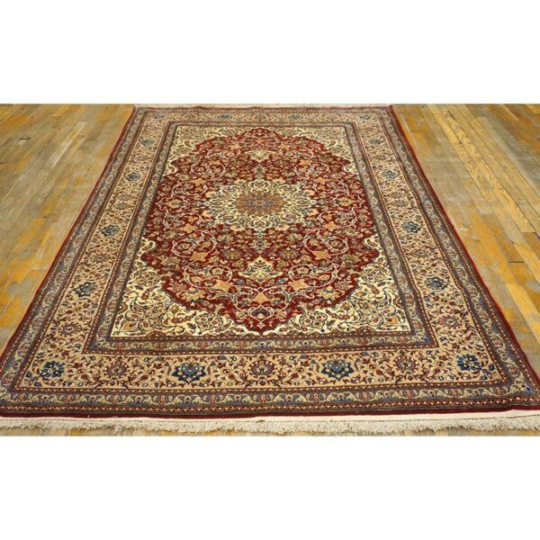 1950s red field traditional medallion vintage isfahan wool silk small carpet rug 2 1950s red field traditional medallion vintage isfahan wool silk small carpet rug - detail view 1