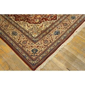 1950s Red Field Traditional Medallion Vintage Isfahan Wool Silk Small Carpet Rug - detail view 2