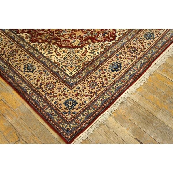 1950s red field traditional medallion vintage isfahan wool silk small carpet rug 3 1950s red field traditional medallion vintage isfahan wool silk small carpet rug - detail view 2