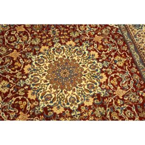 1950s Red Field Traditional Medallion Vintage Isfahan Wool Silk Small Carpet Rug - detail view 3