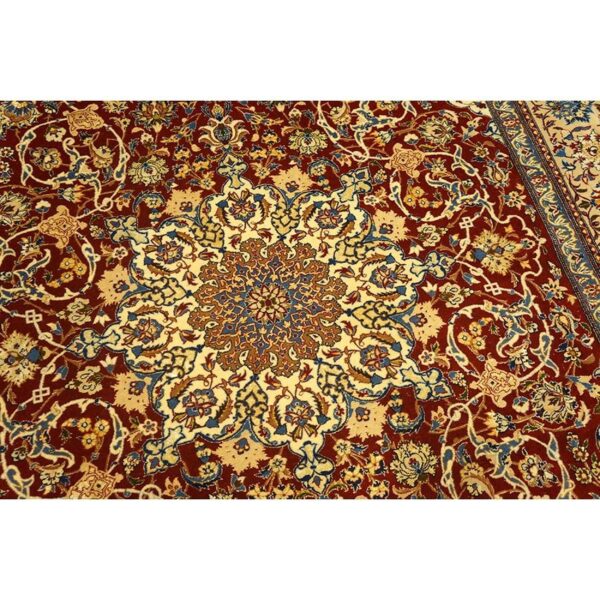 1950s red field traditional medallion vintage isfahan wool silk small carpet rug 4 1950s red field traditional medallion vintage isfahan wool silk small carpet rug - detail view 3