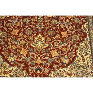 1950s Red Field Traditional Medallion Vintage Isfahan Wool Silk Small Carpet Rug - detail view 4