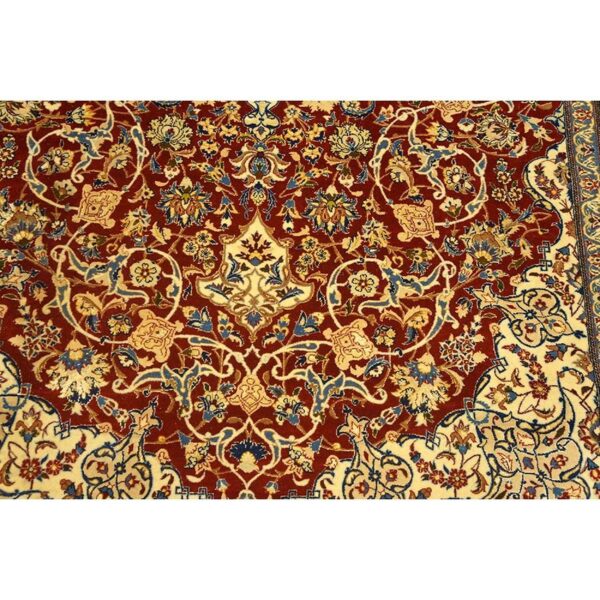 1950s red field traditional medallion vintage isfahan wool silk small carpet rug 5 1950s red field traditional medallion vintage isfahan wool silk small carpet rug - detail view 4