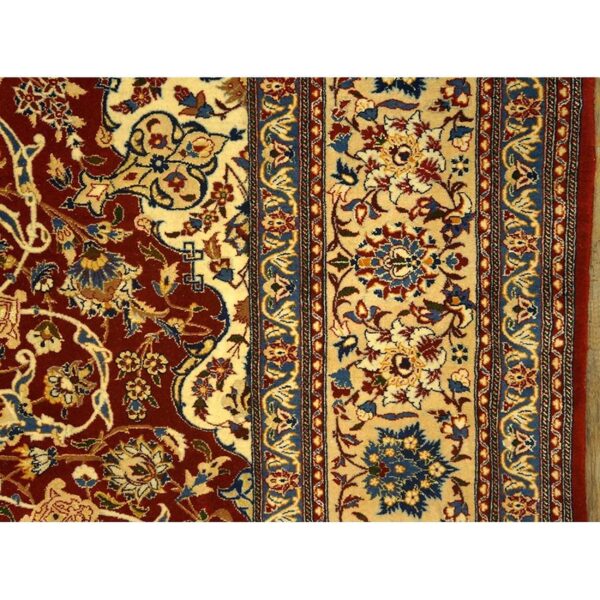1950s red field traditional medallion vintage isfahan wool silk small carpet rug 6 1950s red field traditional medallion vintage isfahan wool silk small carpet rug - detail view 5