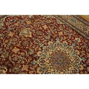 1950s Red Field Traditional Medallion Vintage Isfahan Wool Silk Small Carpet Rug - detail view 6