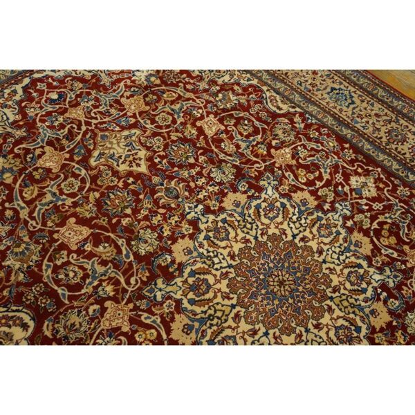 1950s red field traditional medallion vintage isfahan wool silk small carpet rug 7 1950s red field traditional medallion vintage isfahan wool silk small carpet rug - detail view 6