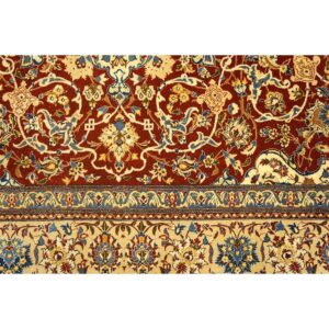 1950s Red Field Traditional Medallion Vintage Isfahan Wool Silk Small Carpet Rug - detail view 7